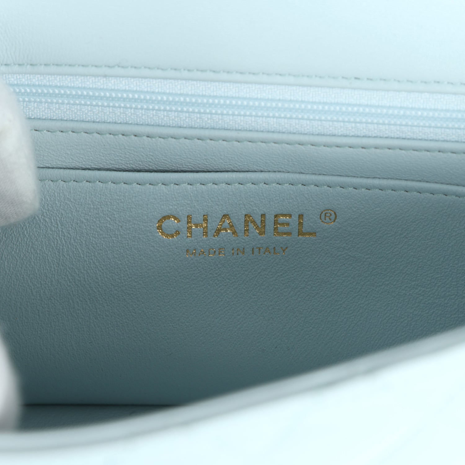 Chanel Mini Rectangular Flap with Top Handle Light Blue Lambskin Light Gold Hardware