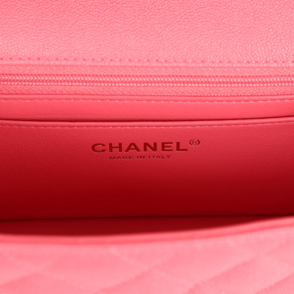 Chanel Mini Rectangular Flap with Top Handle Hot Pink Caviar Antique Gold Hardware
