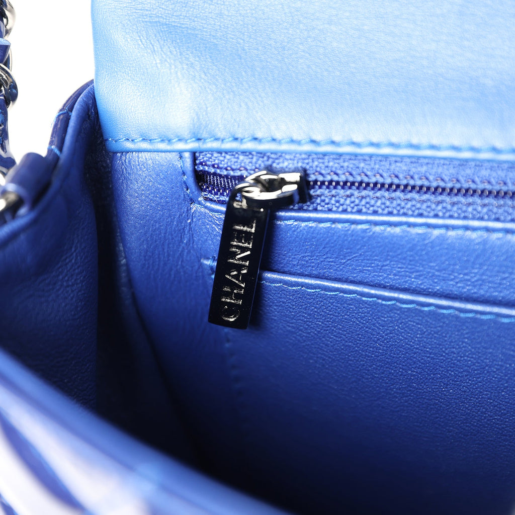 Chanel Mini Rectangular Flap Bag Blue Patent Ruthenium Hardware