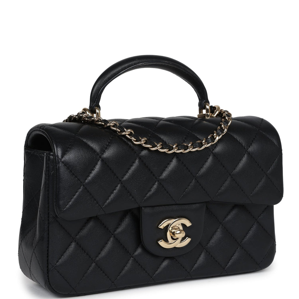 Chanel Mini Rectangular Flap with Top Handle Black Lambskin Light Gold Hardware