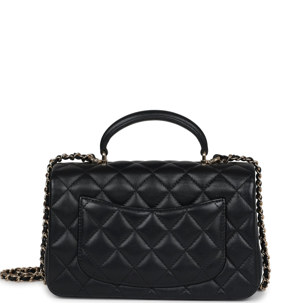 Chanel Mini Rectangular Flap with Top Handle Black Lambskin Light Gold Hardware