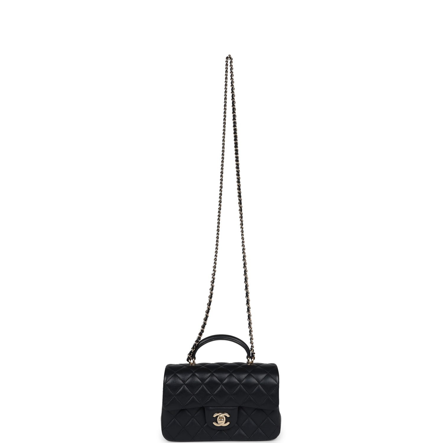 Chanel Mini Rectangular Flap with Top Handle Black Lambskin Light Gold Hardware