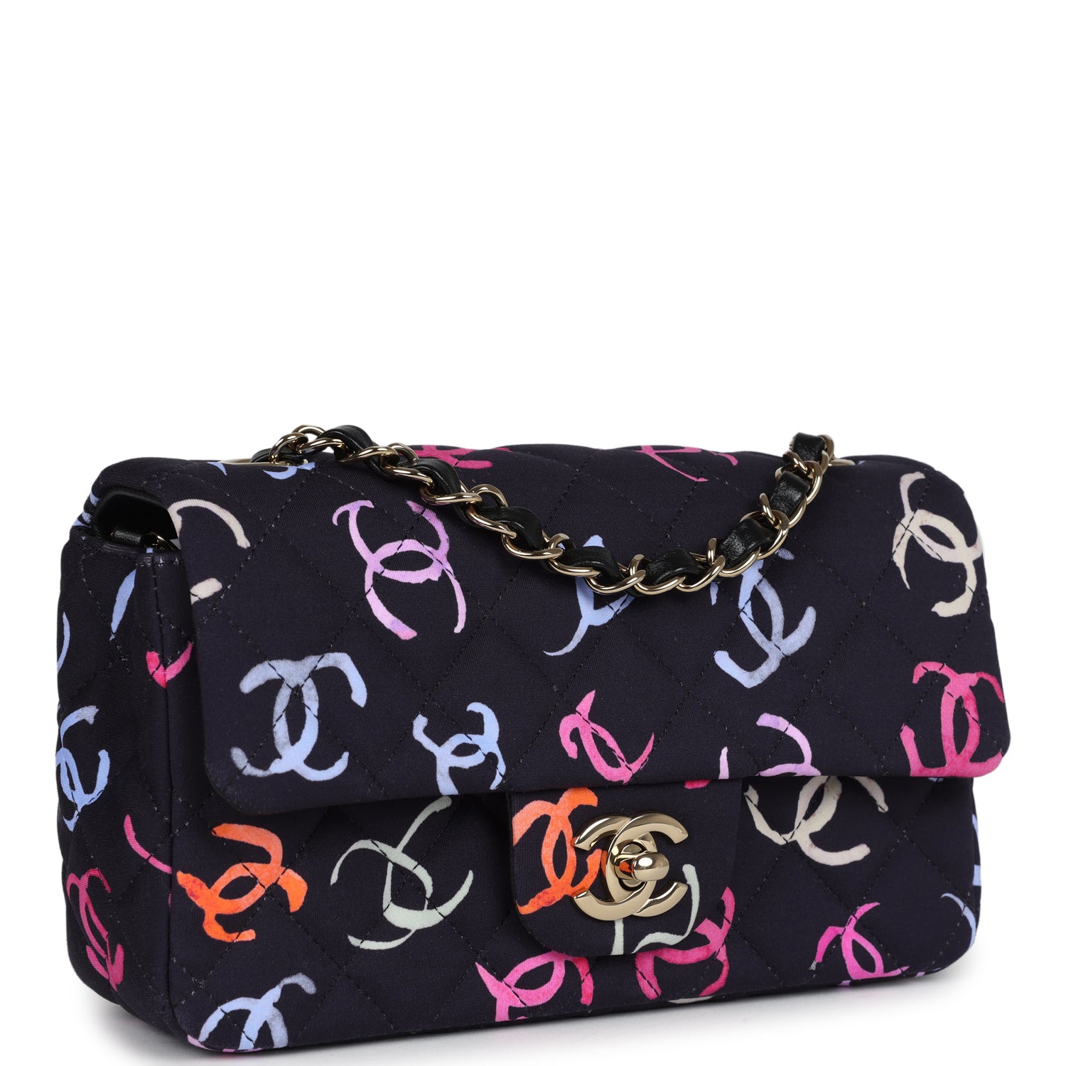 Chanel Mini Rectangular Flap Bag Navy Multicolored Printed Fabric Gold Hardware