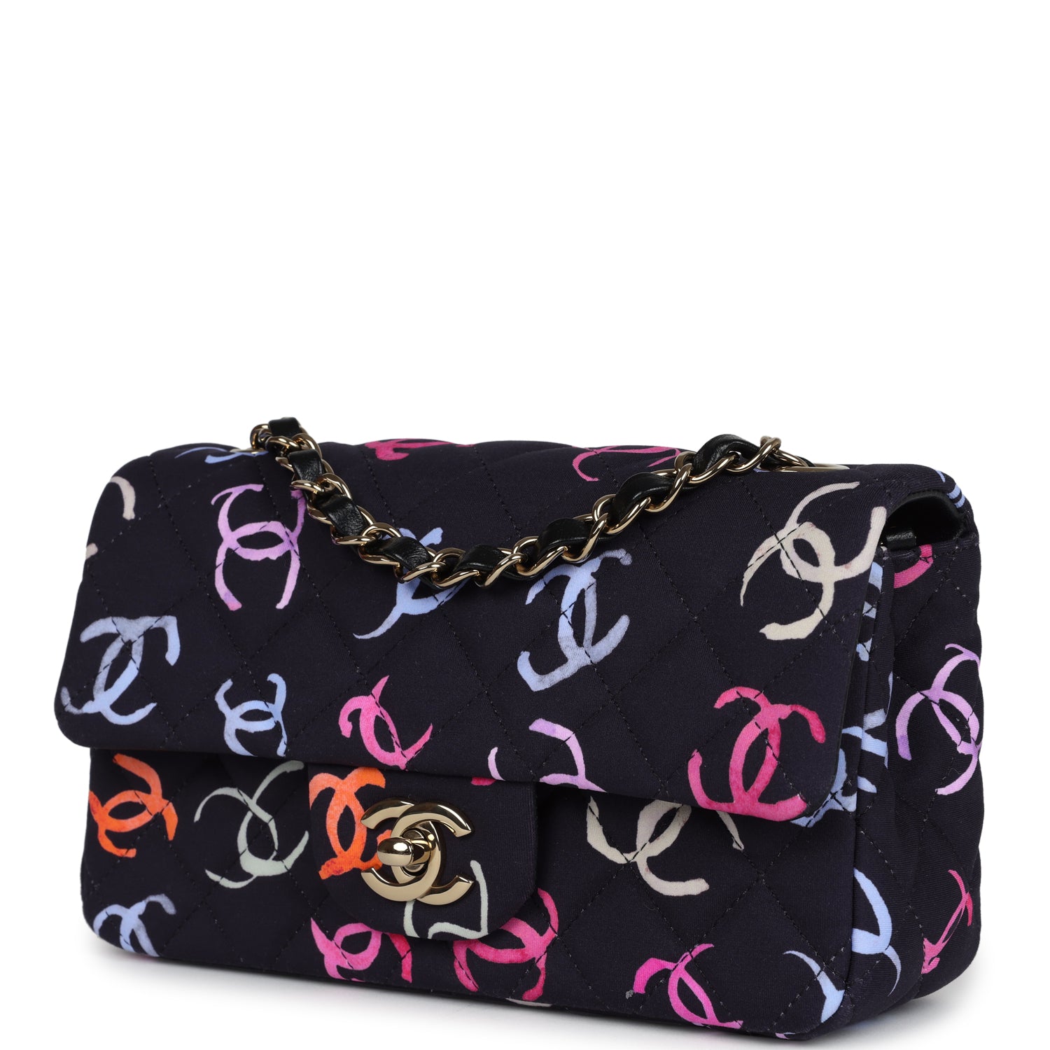 Chanel Mini Rectangular Flap Bag Navy Multicolored Printed Fabric Gold Hardware