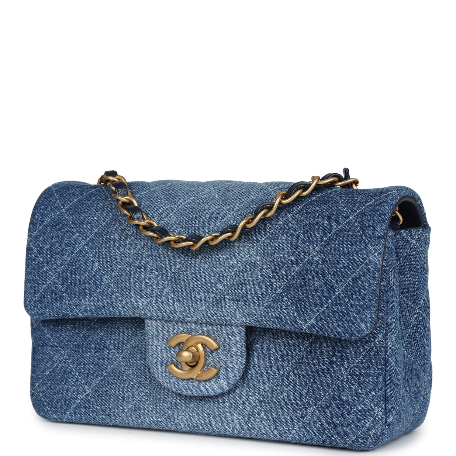 Chanel Mini Rectangular Flap Bag Blue Denim Antique Gold Hardware