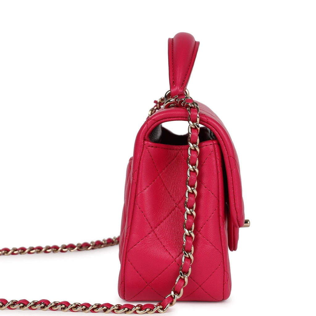 Chanel Mini Top Handle Rectangular Flap Bag Fuchsia Lambskin Light Gold Hardware