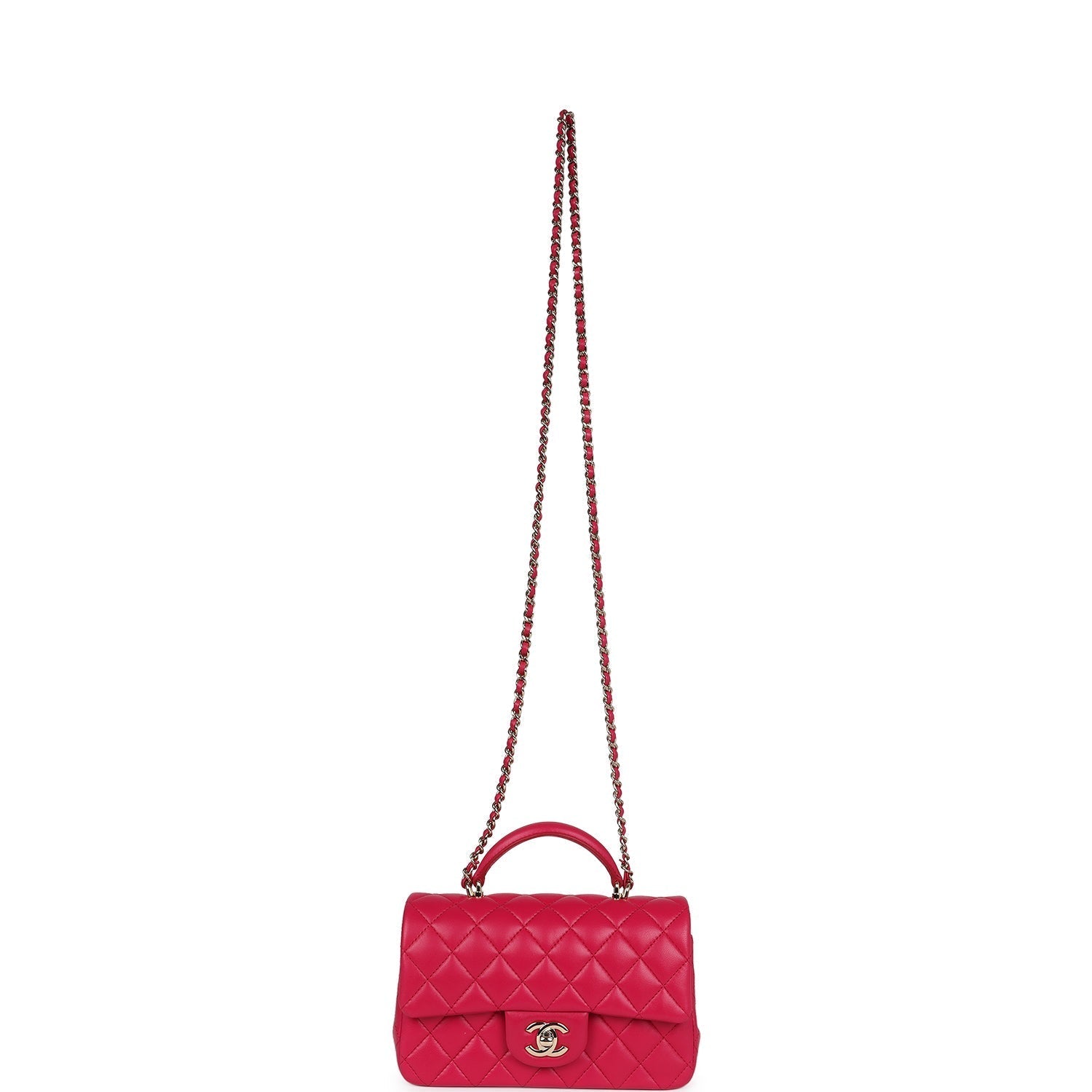 Chanel Mini Top Handle Rectangular Flap Bag Fuchsia Lambskin Light Gold Hardware
