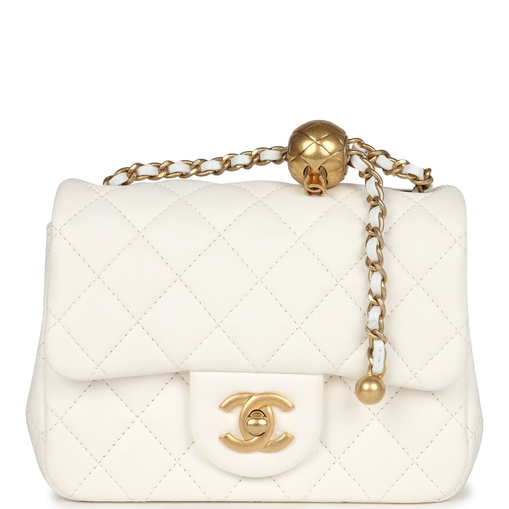 Chanel Mini Square Pearl Crush Flap Bag White Lambskin Antique Gold Hardware