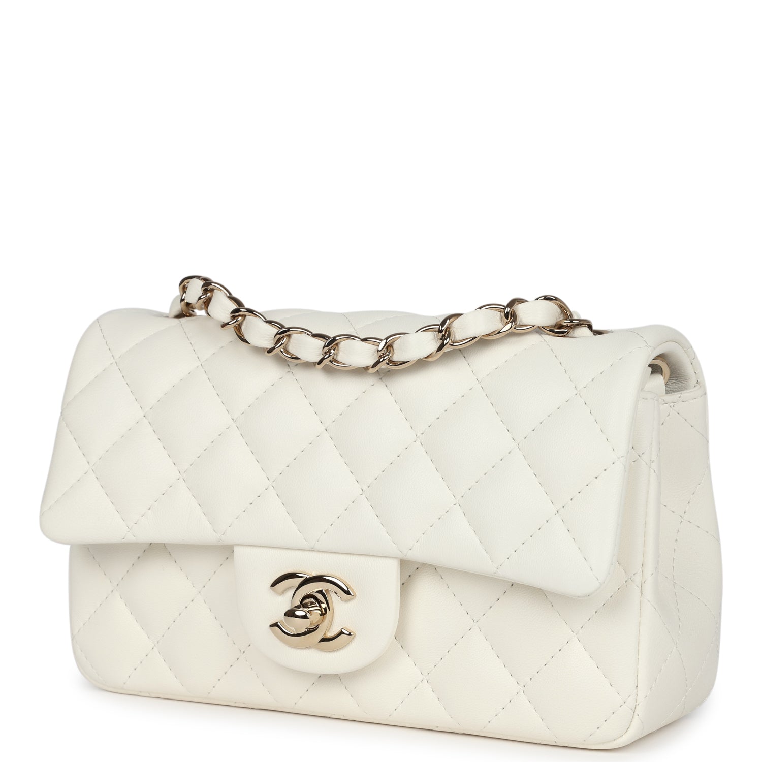 Chanel Mini Rectangular Flap Bag White Lambskin Light Gold Hardware