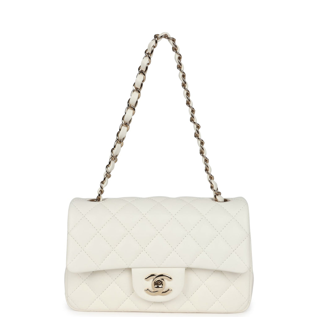 Chanel Mini Rectangular Flap Bag White Lambskin Light Gold Hardware