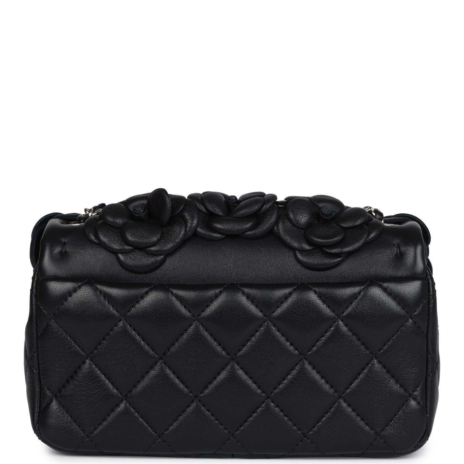 Chanel Mini Rectangular Camellia Flap Bag Black Lambskin and Patent Silver Hardware