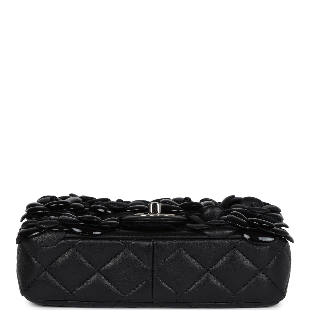 Chanel Mini Rectangular Camellia Flap Bag Black Lambskin and Patent Silver Hardware
