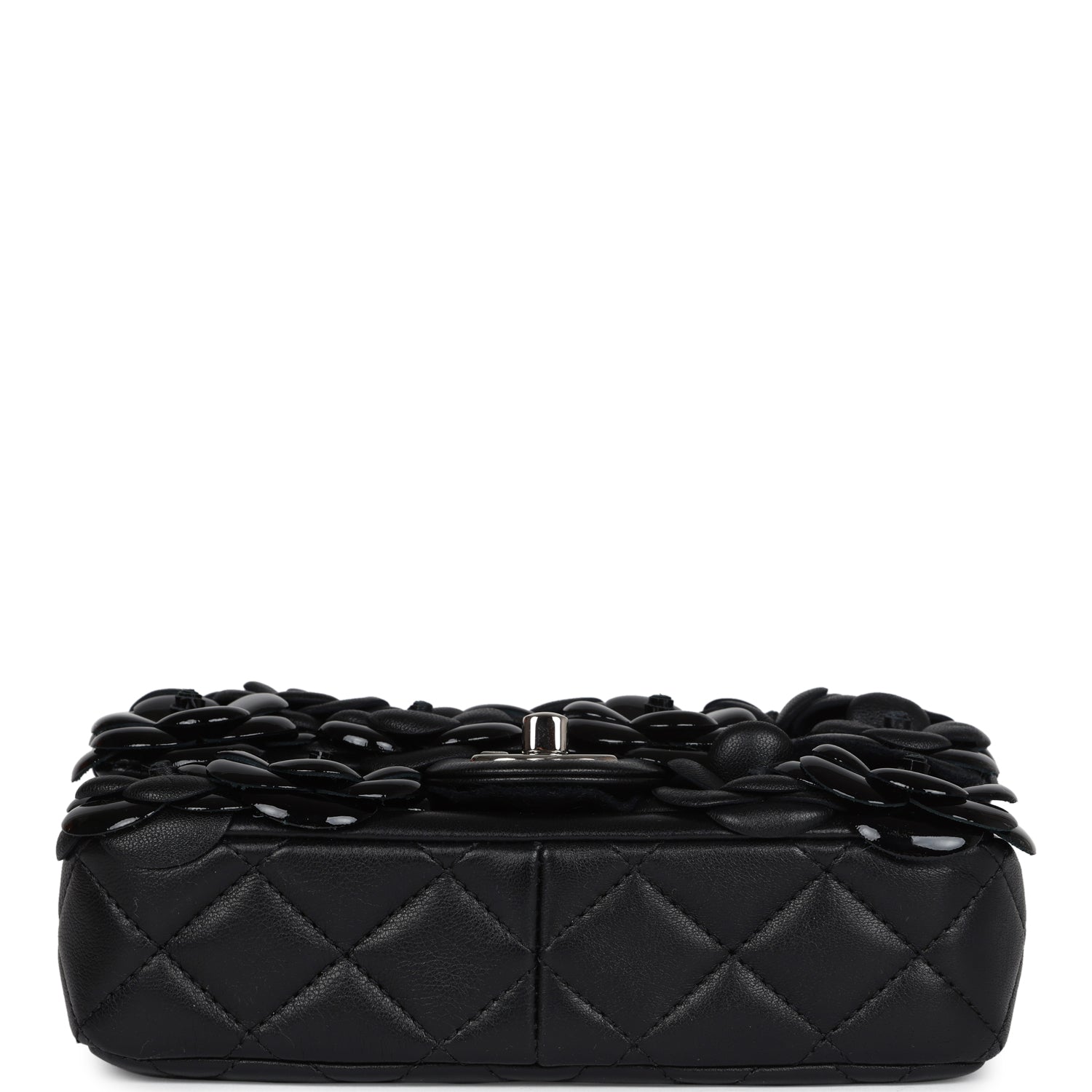 Chanel Mini Rectangular Camellia Flap Bag Black Lambskin and Patent Silver Hardware