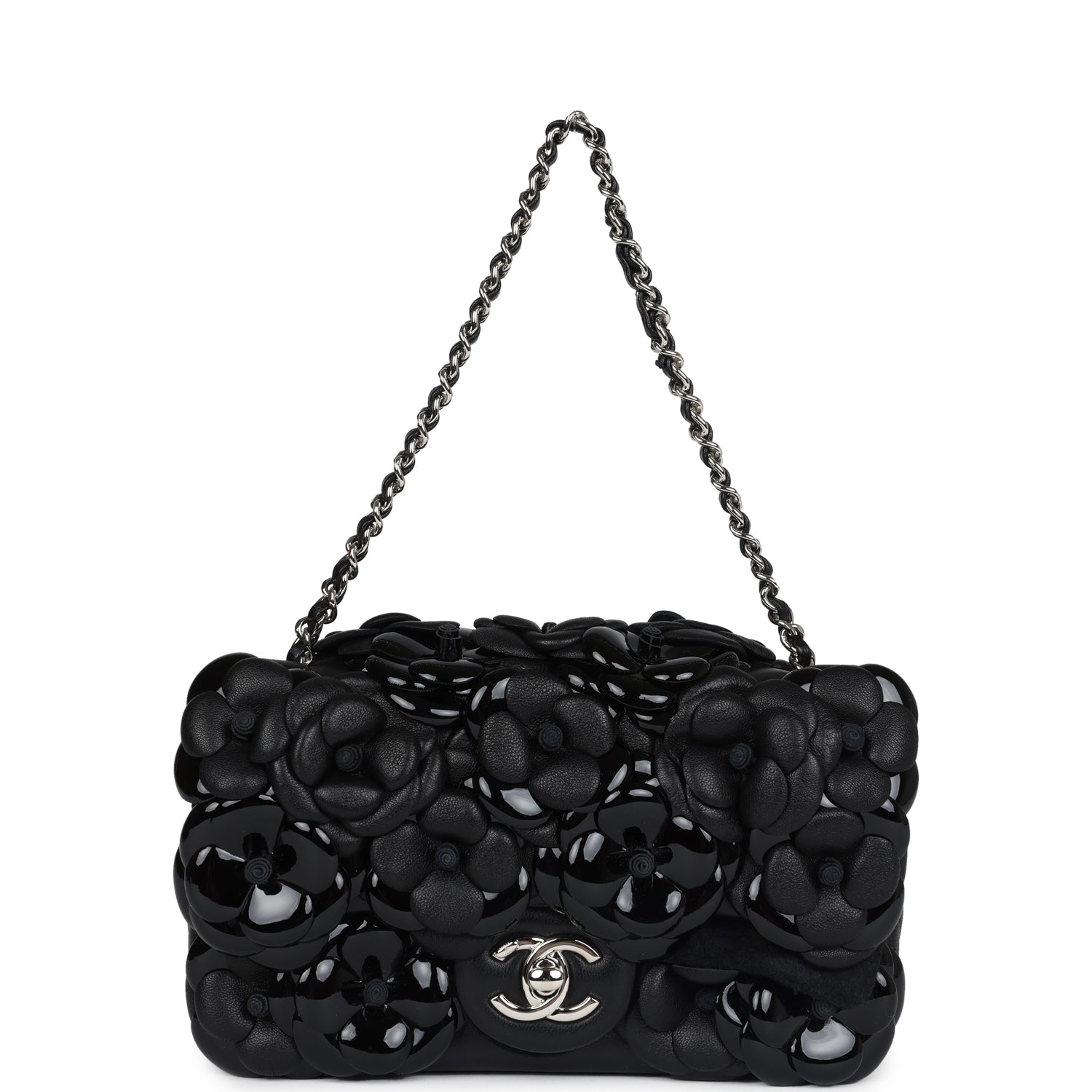 Chanel Mini Rectangular Camellia Flap Bag Black Lambskin and Patent Silver Hardware