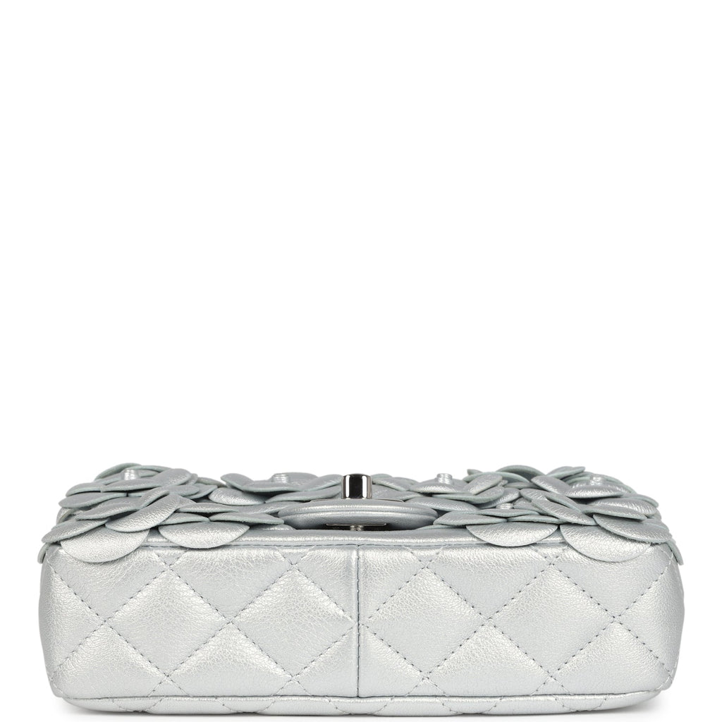 Chanel Mini Rectangular Camellia Flap Bag Silver Lambskin Silver Hardware