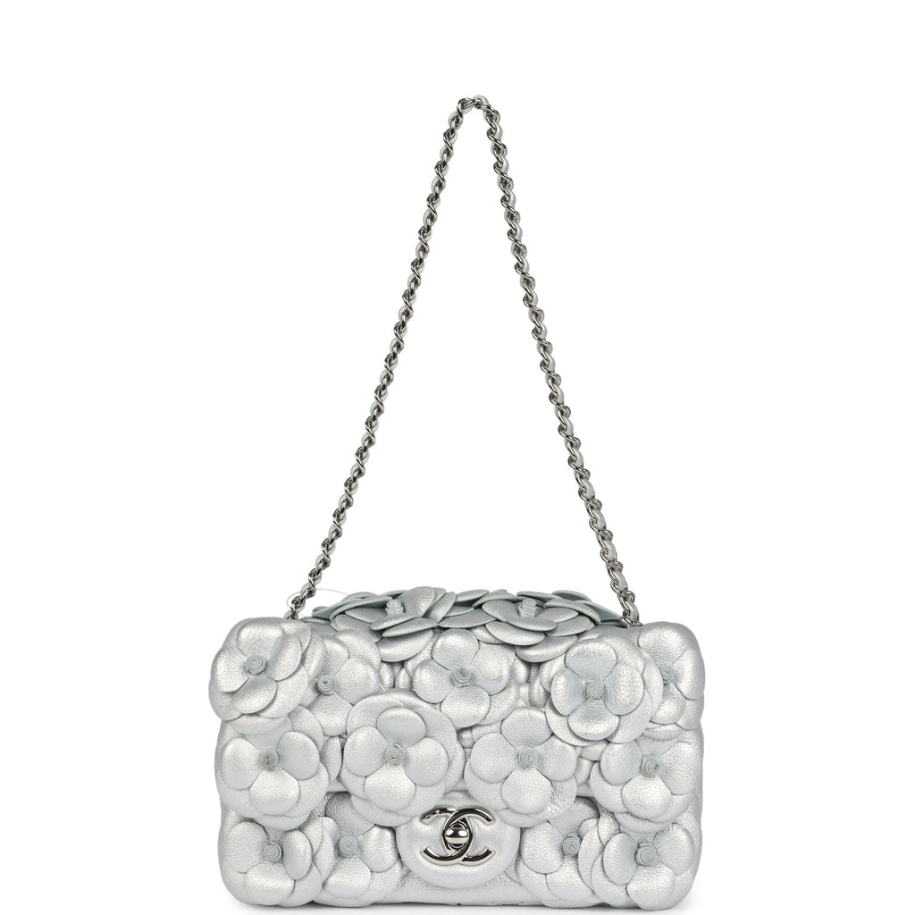 Chanel Mini Rectangular Camellia Flap Bag Silver Lambskin Silver Hardware