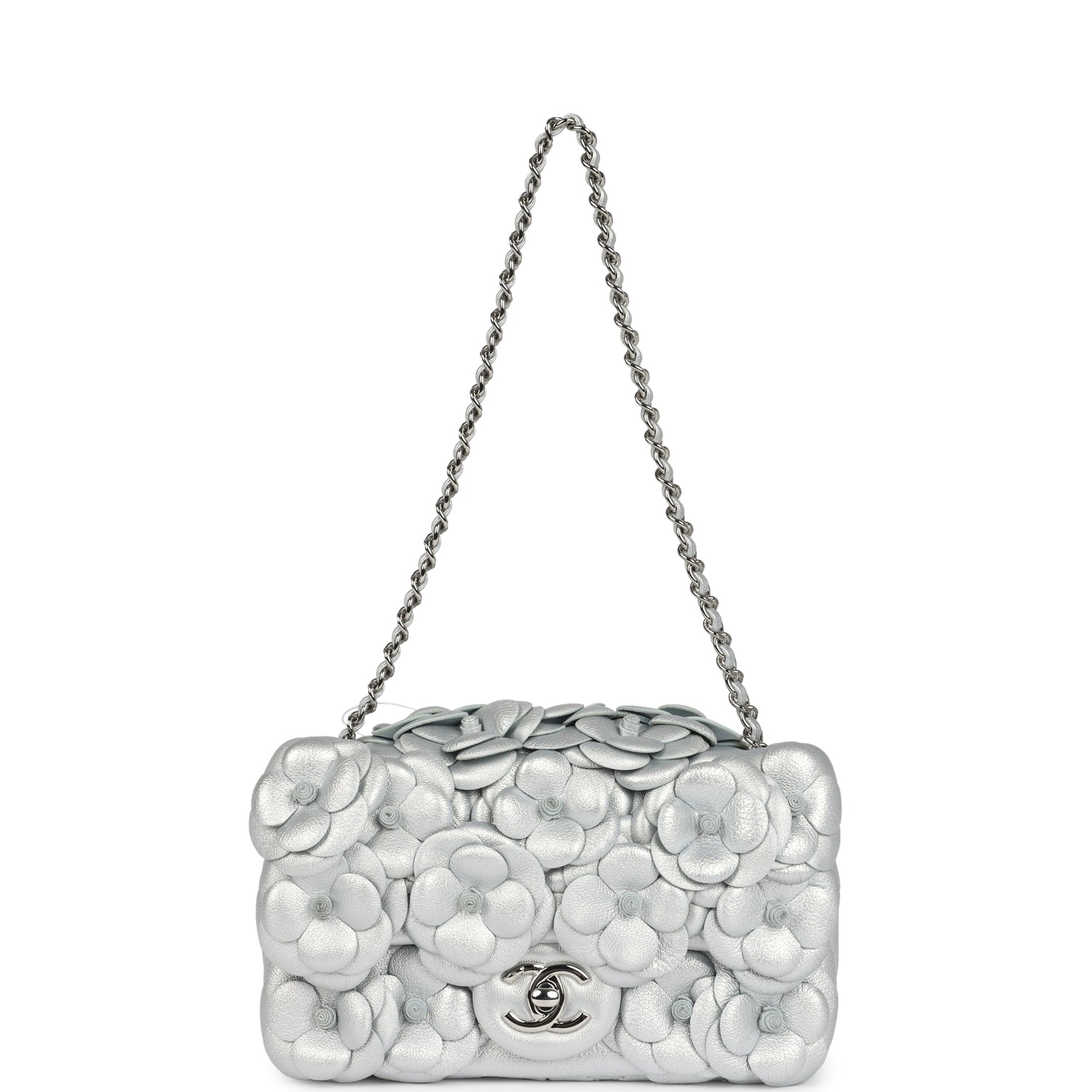 Chanel Mini Rectangular Camellia Flap Bag Silver Lambskin Silver Hardware