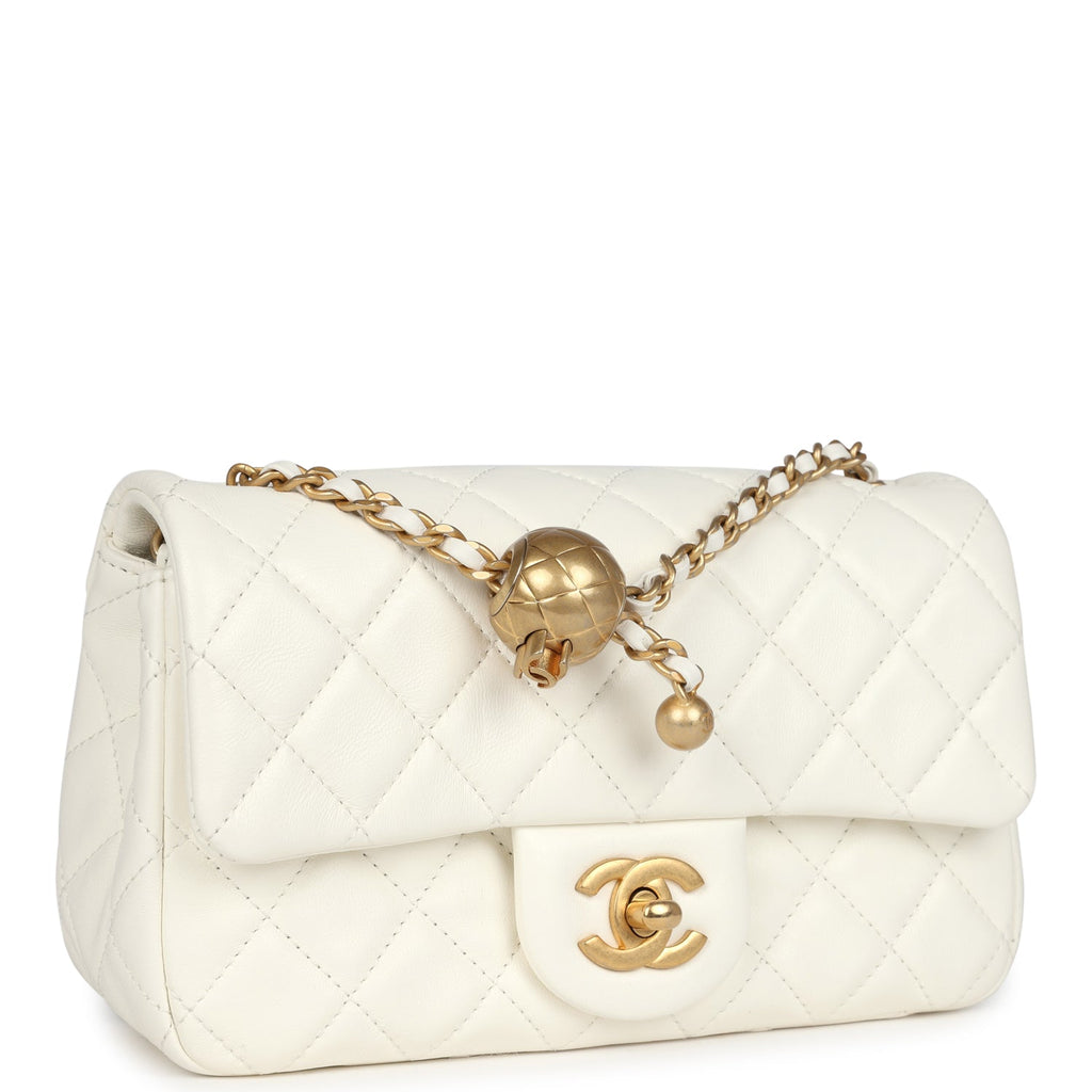 Chanel Mini Square Pearl Crush Flap Bag White Lambskin Antique Gold Hardware