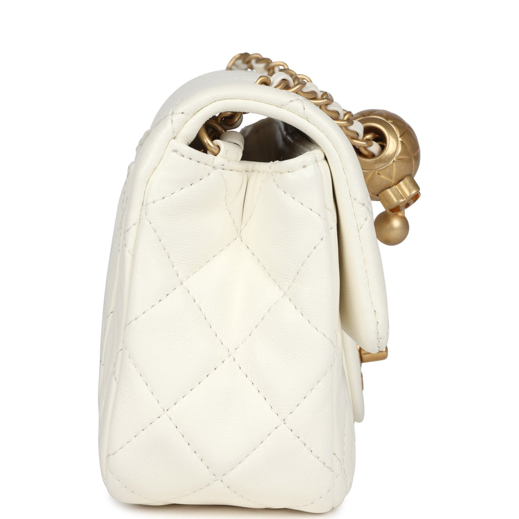Chanel Mini Square Pearl Crush Flap Bag White Lambskin Antique Gold Hardware