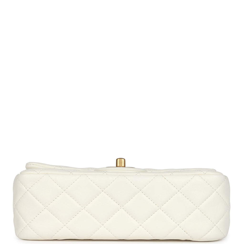 Chanel Mini Square Pearl Crush Flap Bag White Lambskin Antique Gold Hardware