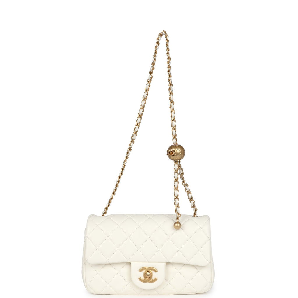 Chanel Mini Square Pearl Crush Flap Bag White Lambskin Antique Gold Hardware