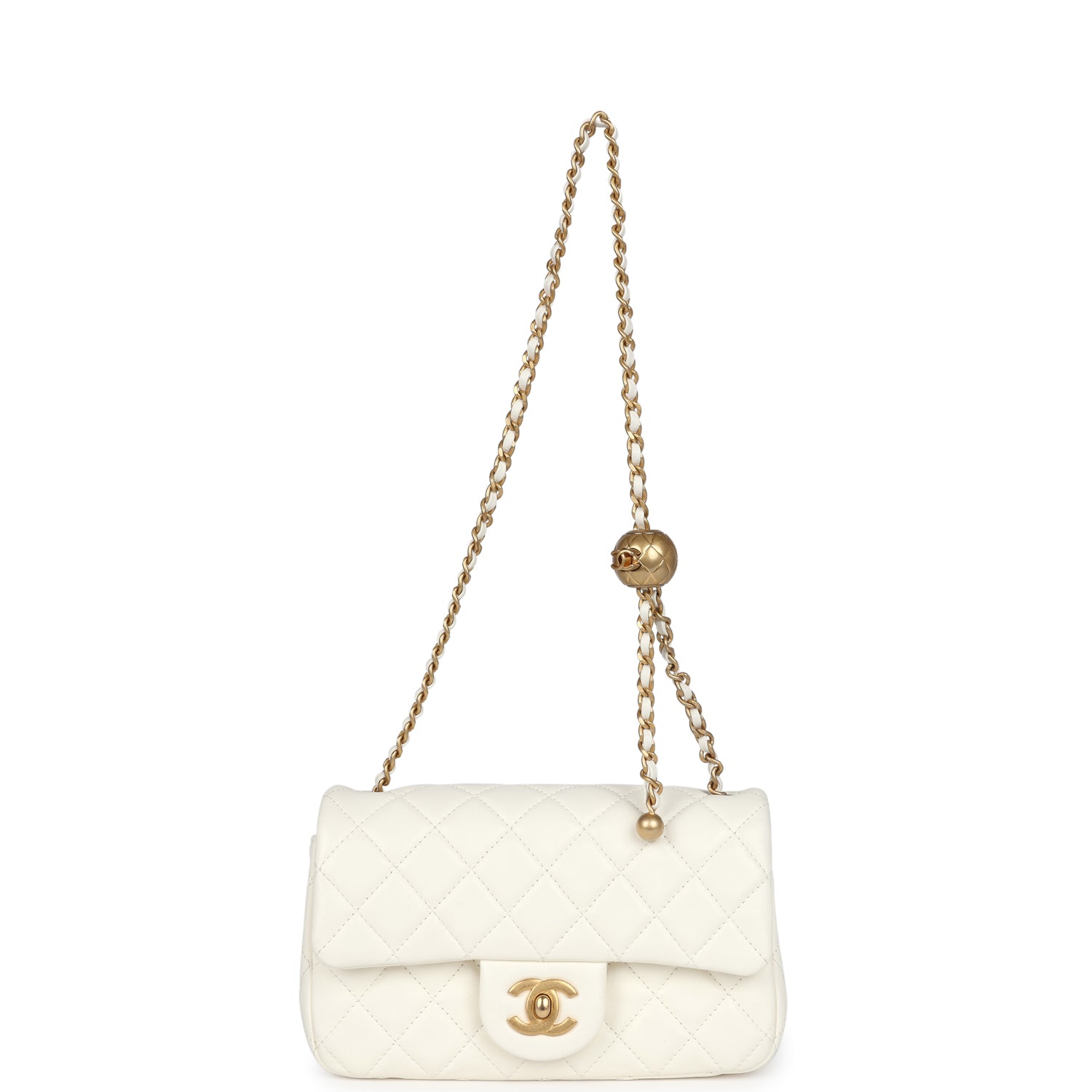 Chanel Mini Square Pearl Crush Flap Bag White Lambskin Antique Gold Hardware