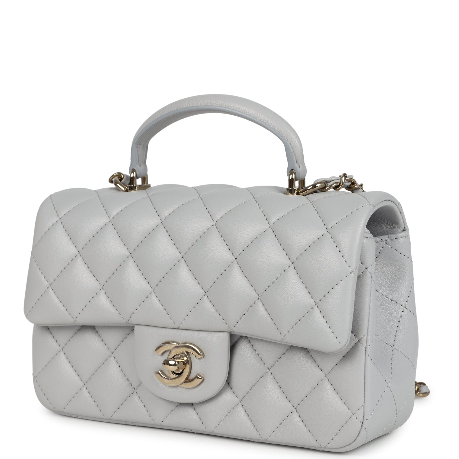 Chanel Mini Rectangular Flap Bag with Top Handle Light Grey Lambskin Light Gold Hardware