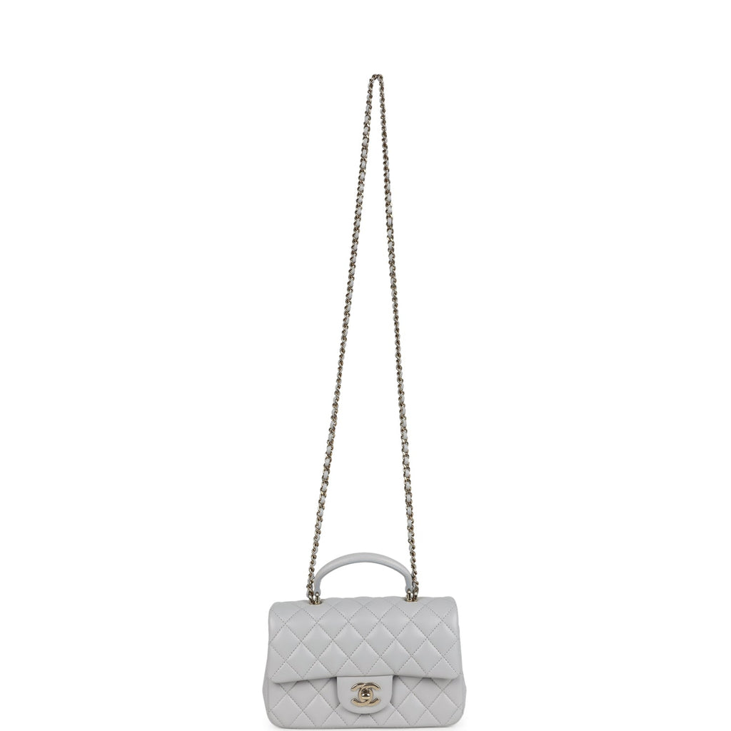 Chanel Mini Rectangular Flap Bag with Top Handle Light Grey Lambskin Light Gold Hardware