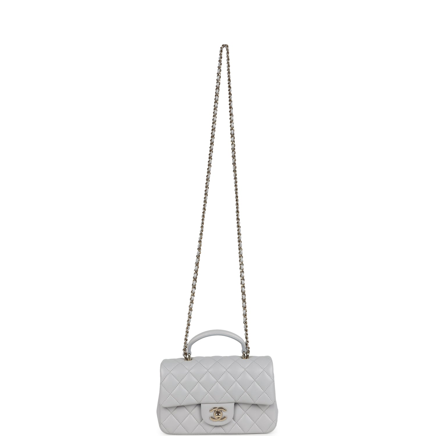 Chanel Mini Rectangular Flap Bag with Top Handle Light Grey Lambskin Light Gold Hardware