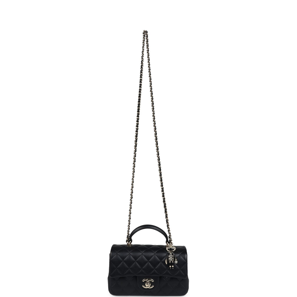 Chanel Mini Rectangular Top Handle Flap Bag Black Lambskin Light Gold Hardware