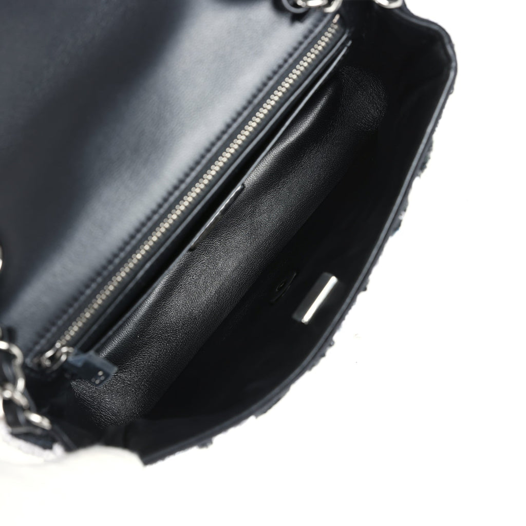 Chanel Mini Rectangular Flower Flap Bag Black, Navy and White Sequin Ruthenium Hardware