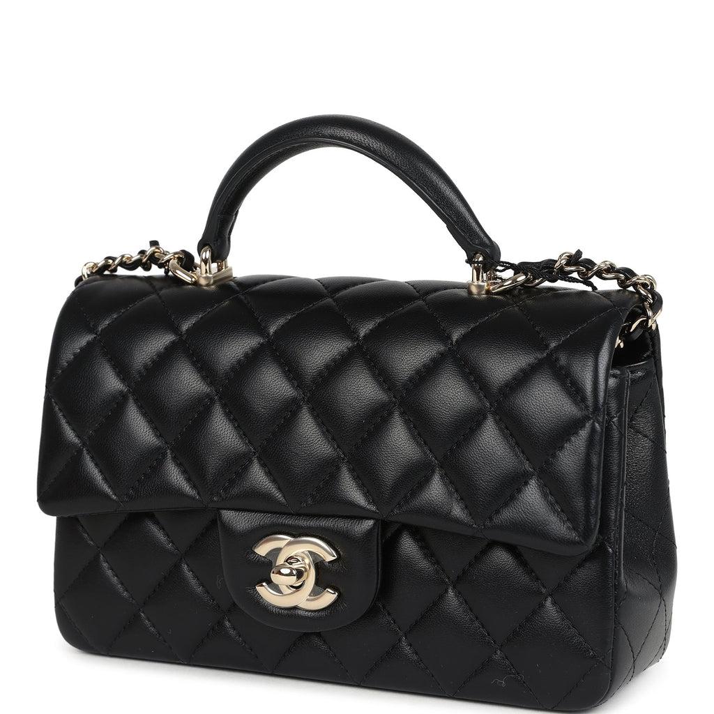 Chanel Mini Rectangular Top Handle Flap Bag Black Lambskin Light Gold Hardware