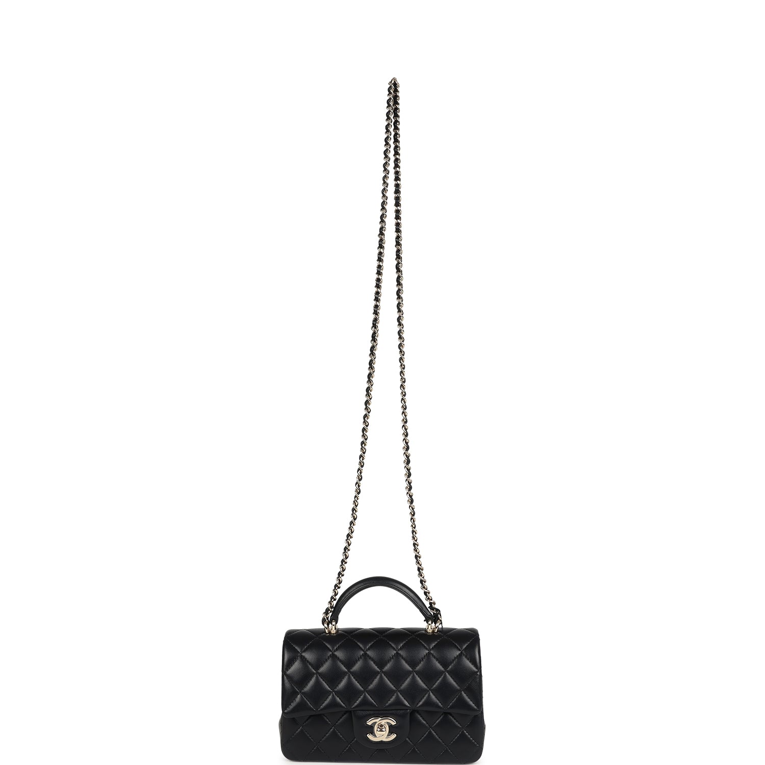 Chanel Mini Rectangular Top Handle Flap Bag Black Lambskin Light Gold Hardware
