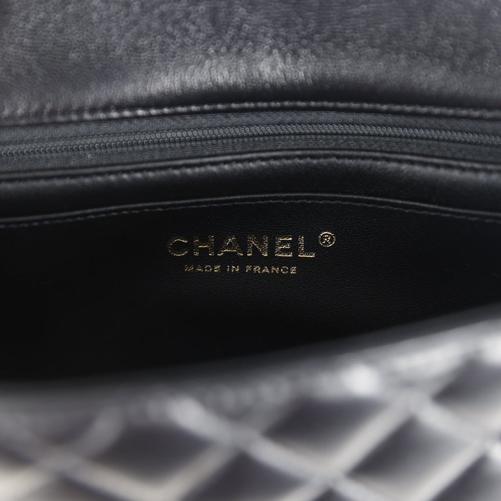Chanel Mini Rectangular Top Handle Flap Bag Black Lambskin Light Gold Hardware