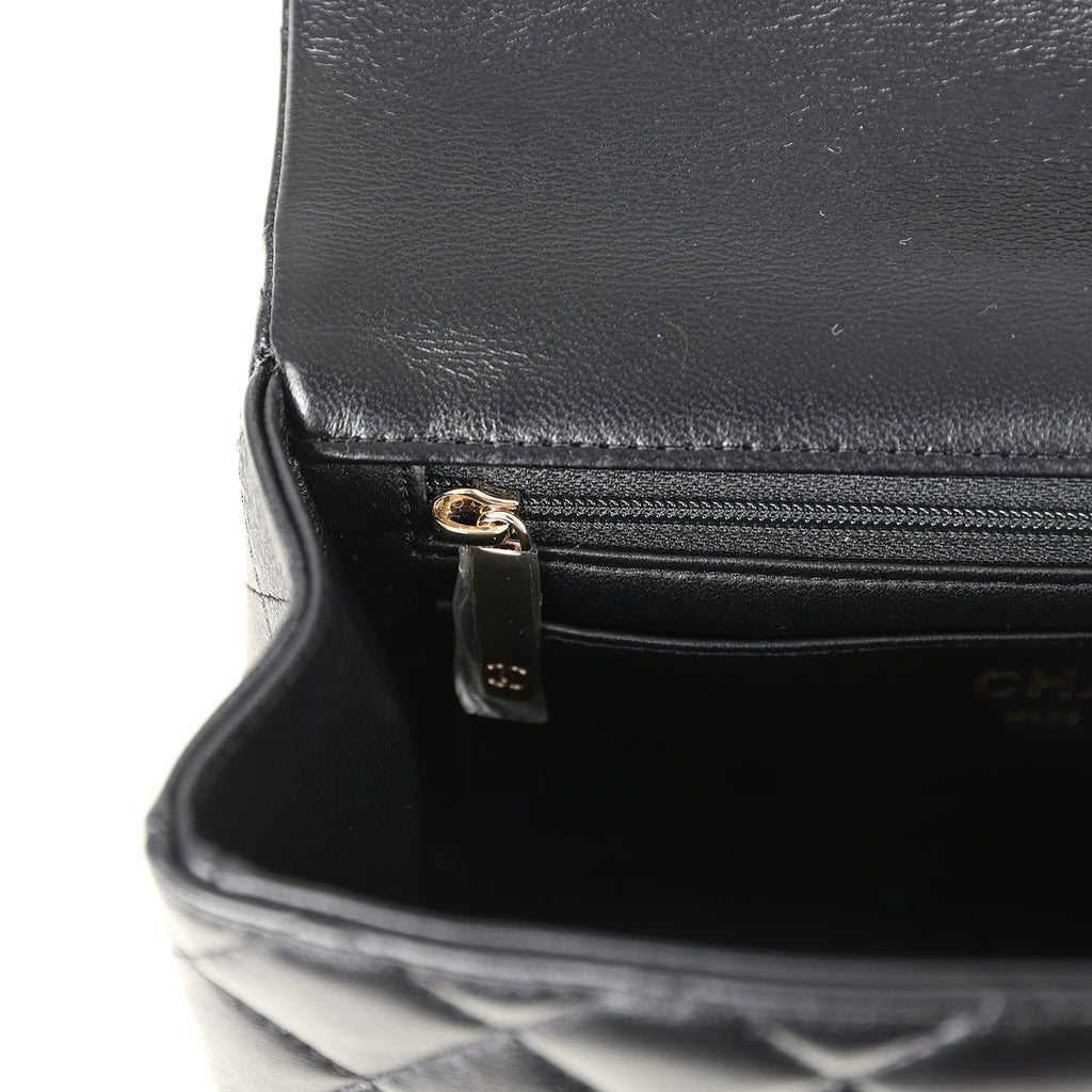 Chanel Mini Rectangular Top Handle Flap Bag Black Lambskin Light Gold Hardware