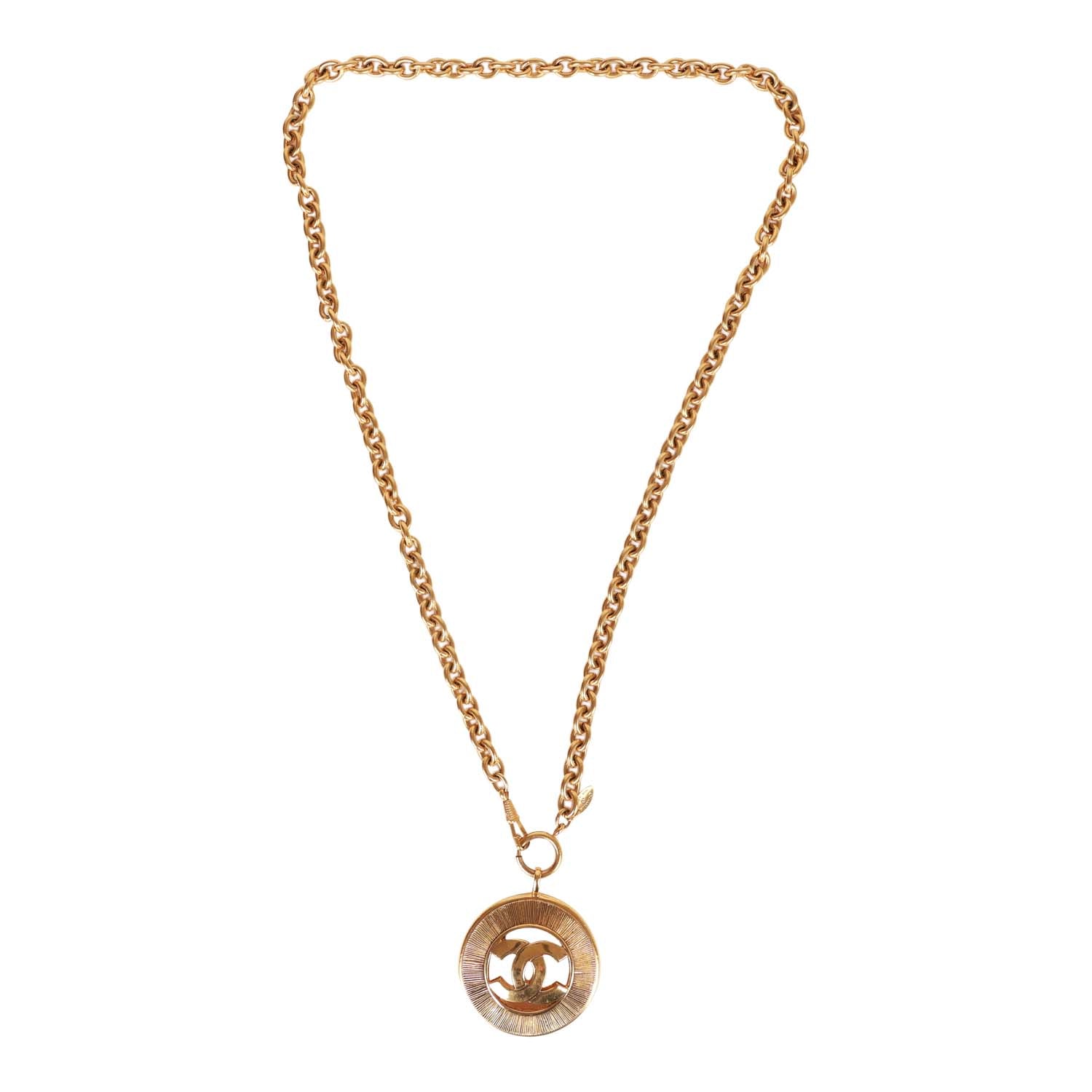 Chanel Vintage 24K Gold Plated Sunburst Interlocking CC Medallion Necklace