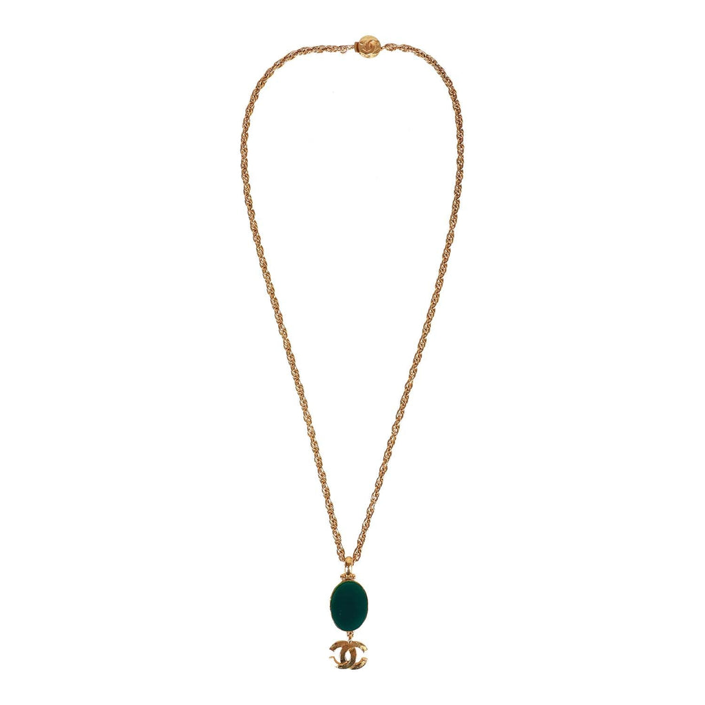 Chanel Vintage Gold Plated Hanging Green Gripoix and CC Pendant Necklace
