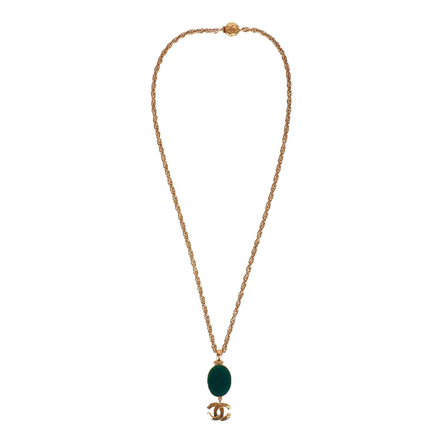 Chanel Vintage Gold Plated Hanging Green Gripoix and CC Pendant Necklace