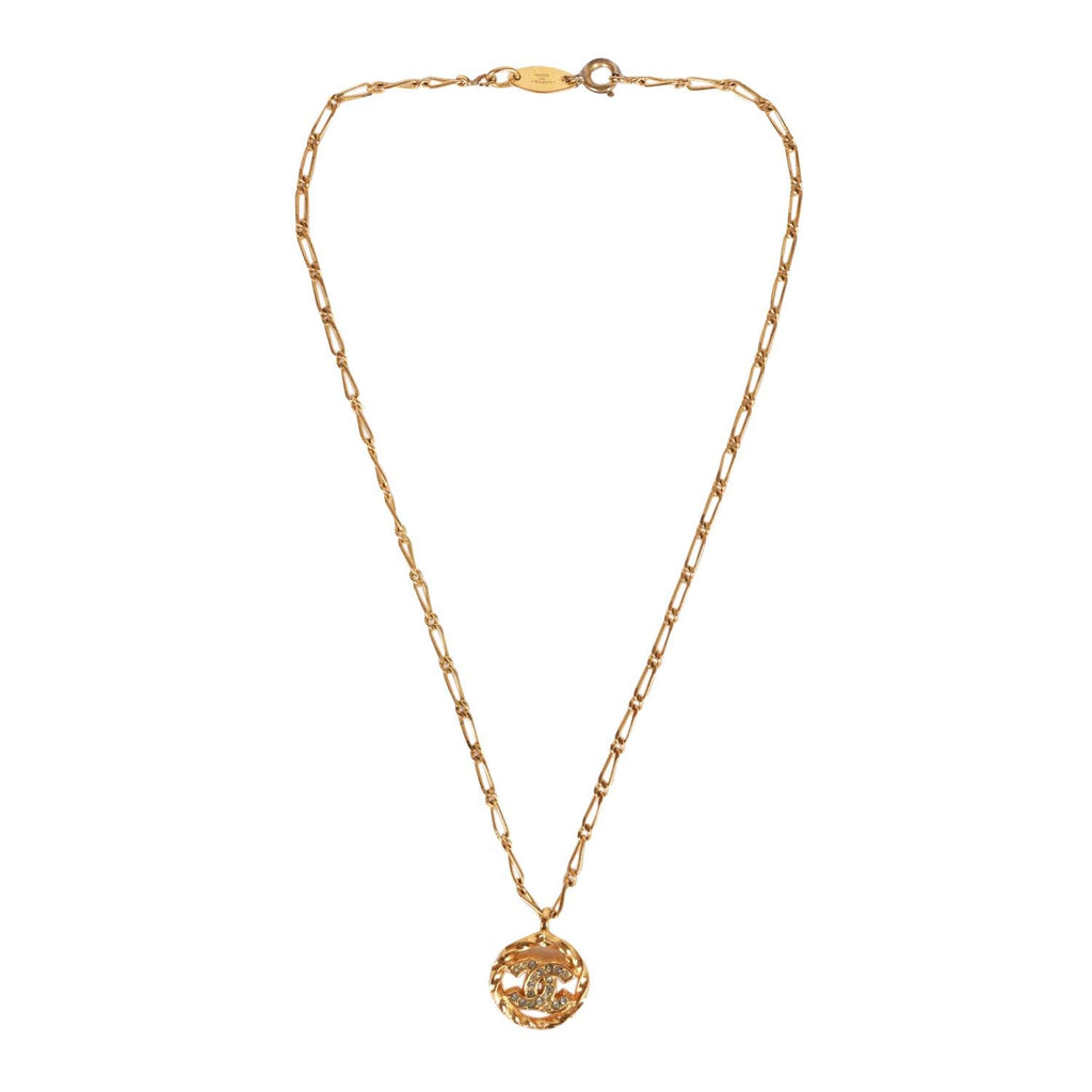 Chanel Vintage 24K Gold Plated Crystal CC Charm Pendant Necklace