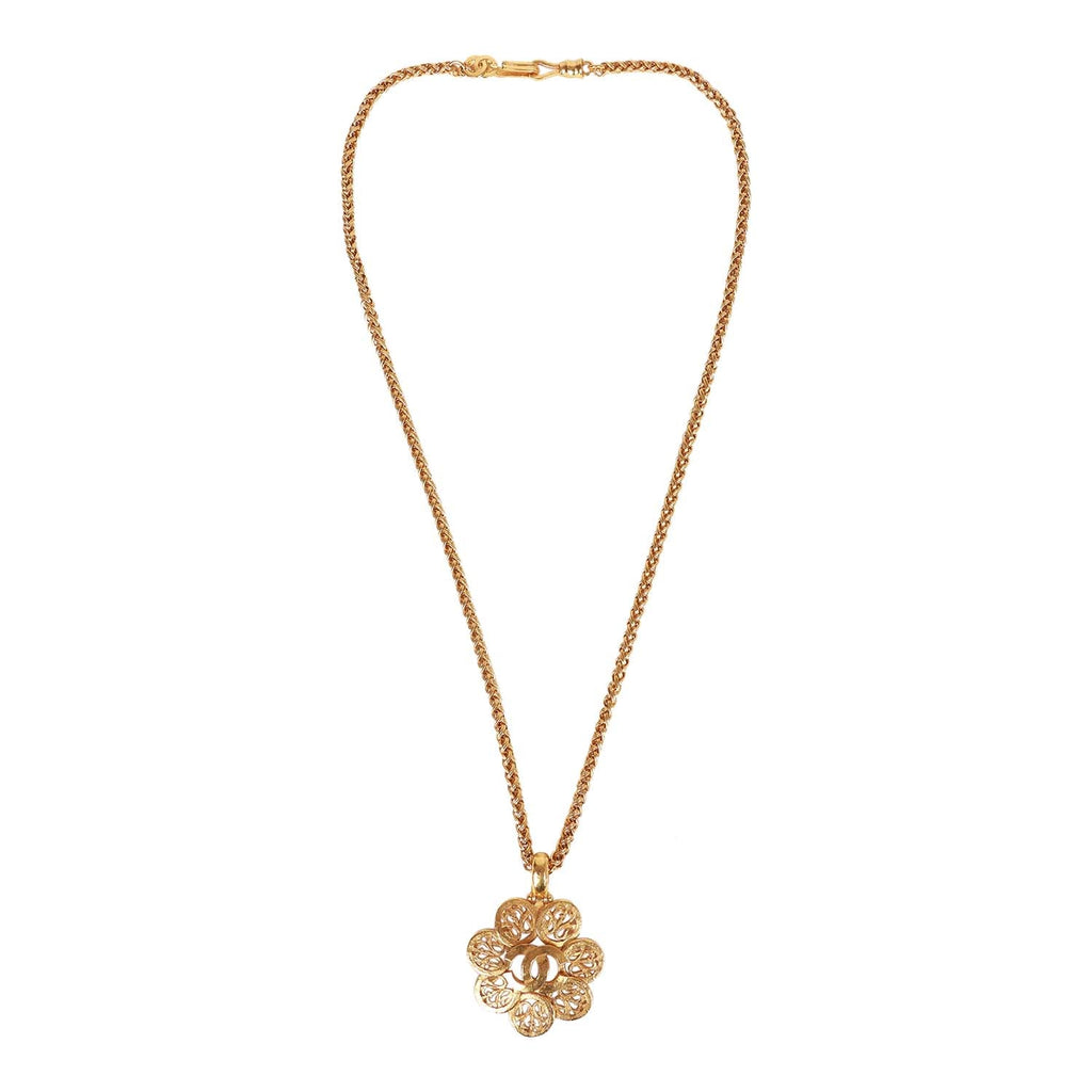 Chanel Vintage 24K Gold Plated Large Byzantine Flower CC Pendant Necklace