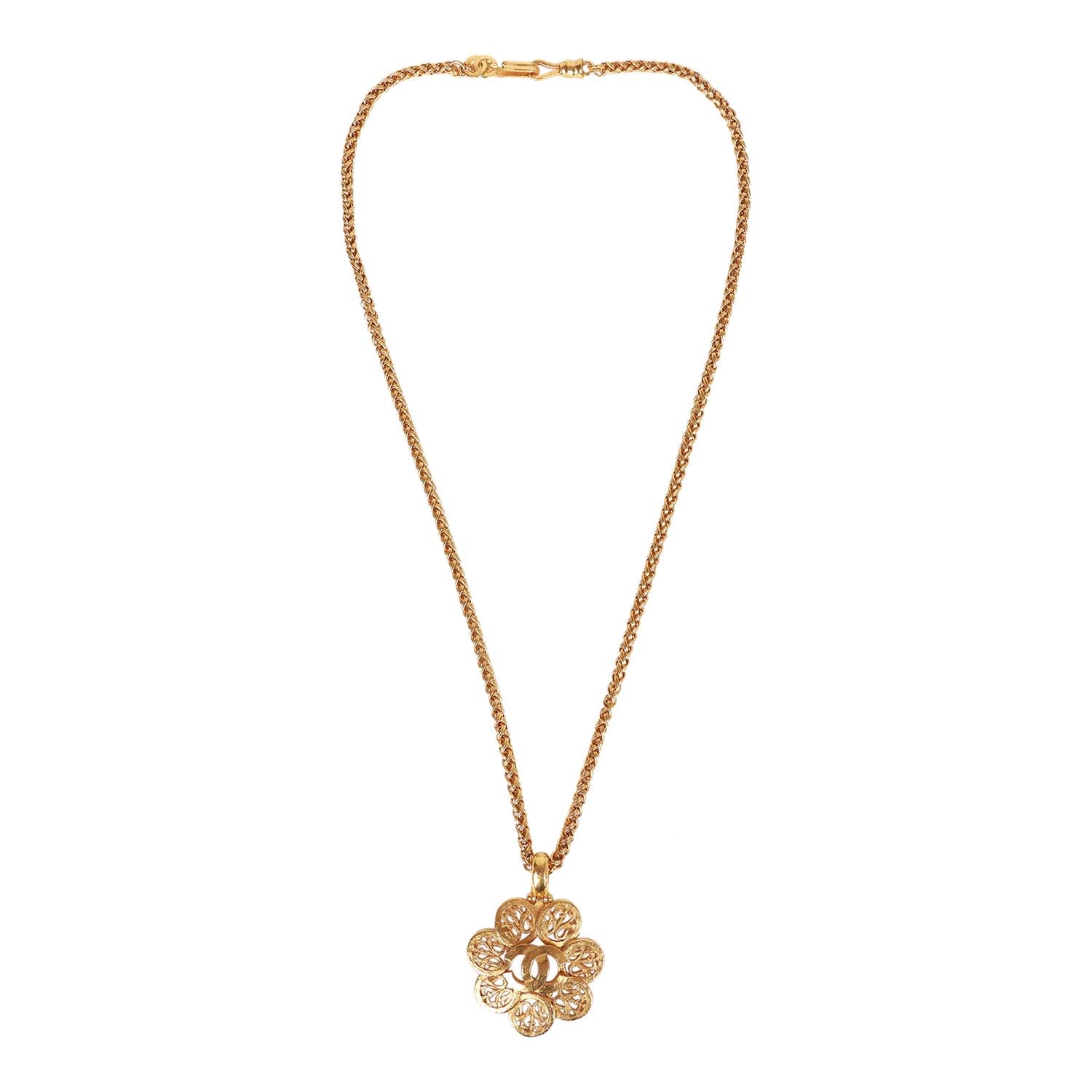 Chanel Vintage 24K Gold Plated Large Byzantine Flower CC Pendant Necklace