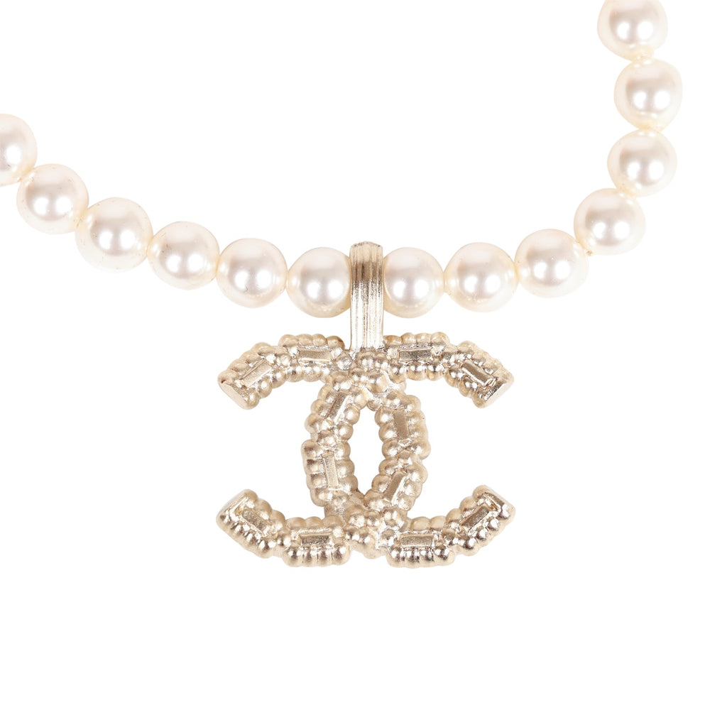 Chanel Faux Pearl Short Crystal CC Pendant Necklace