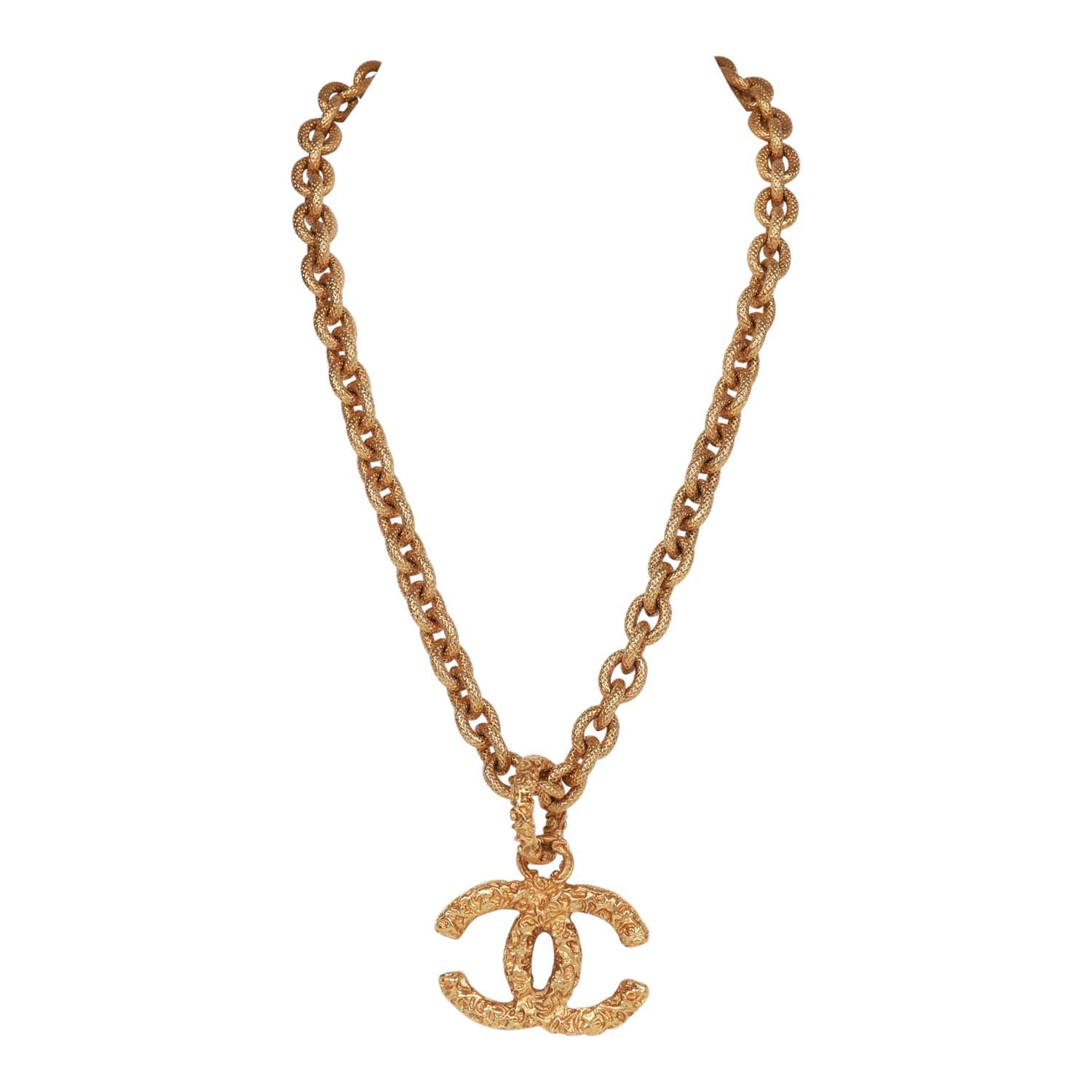 Chanel Vintage 24K Gold Plated Gold Lava CC Pendant Necklace