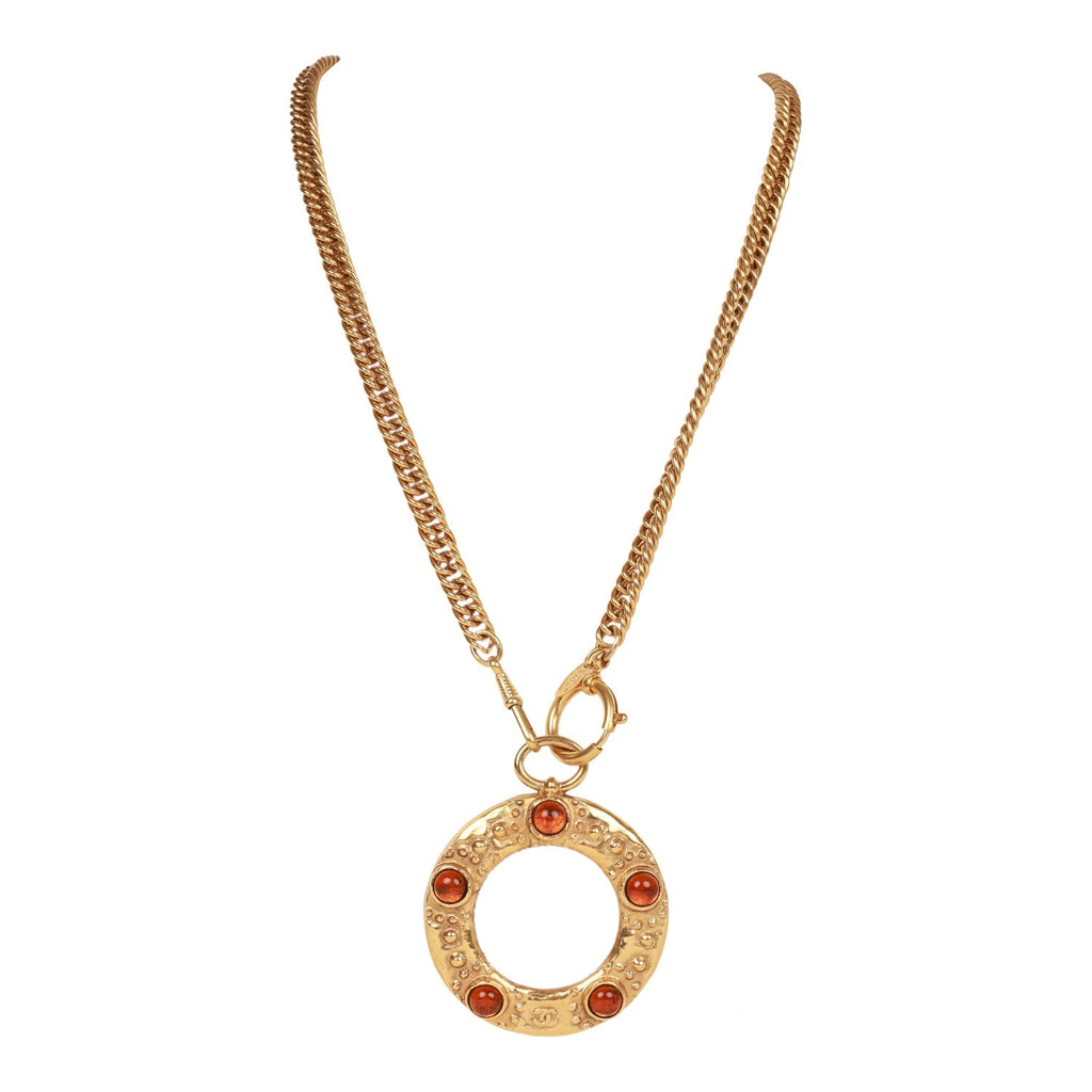 Chanel Vintage 24K Gold Plated Amber Gripoix Loupe Pendant Necklace