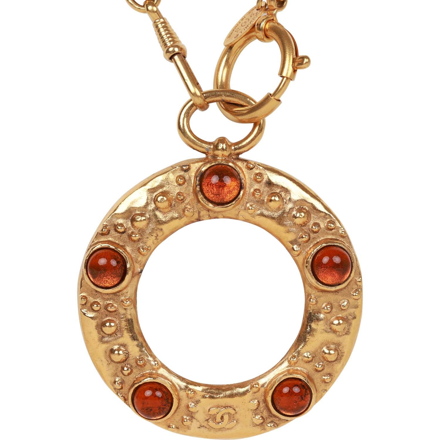 Chanel Vintage 24K Gold Plated Amber Gripoix Loupe Pendant Necklace