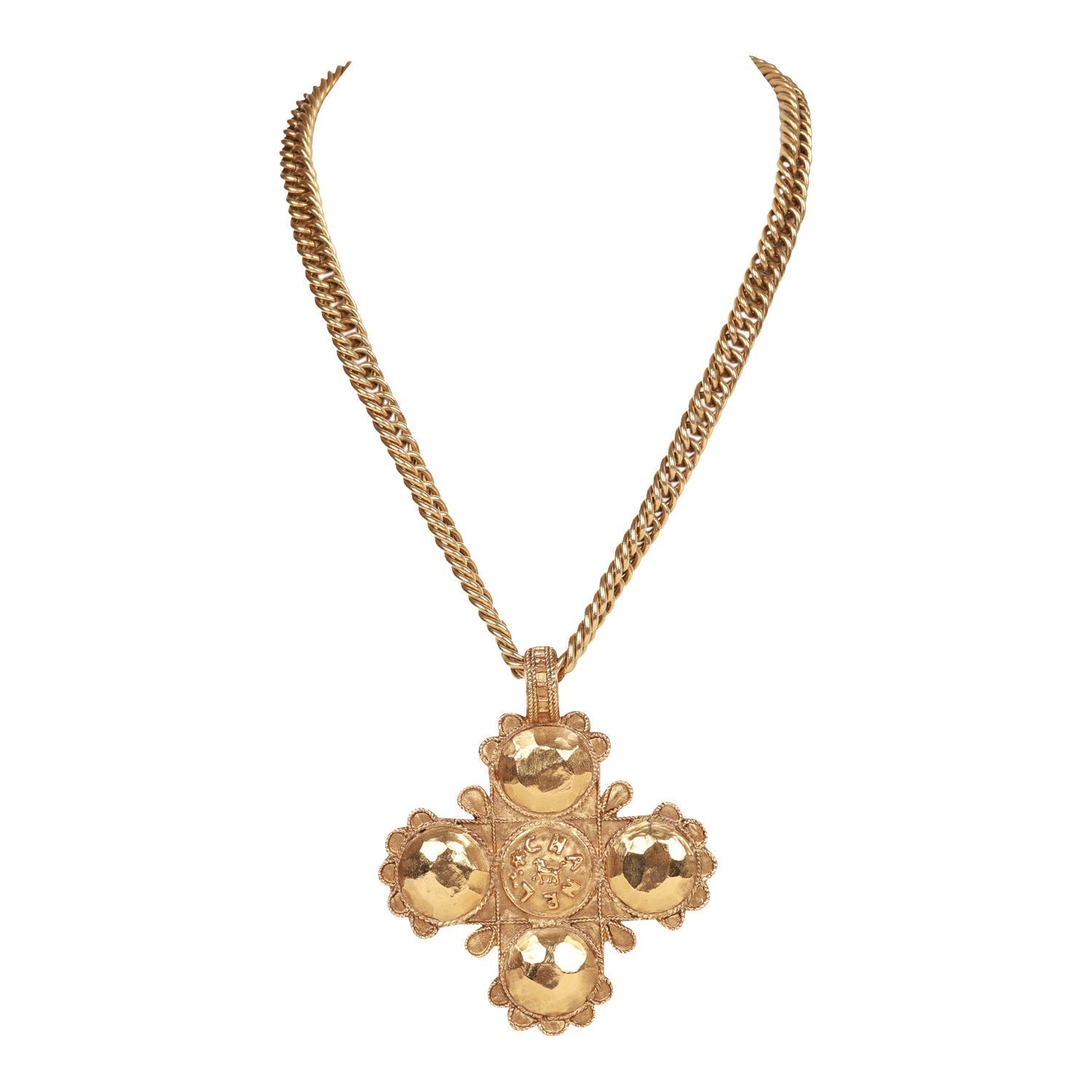 Chanel Vintage 24K Gold Plated Lion Cross Pendant Necklace