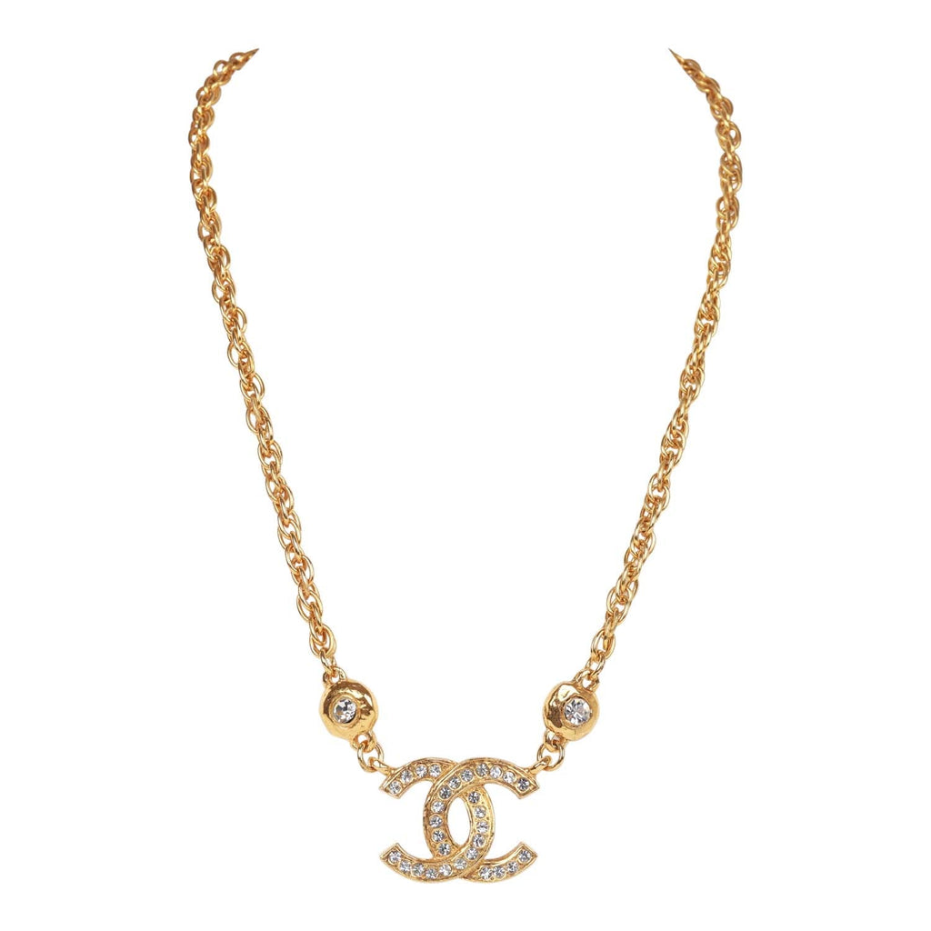 Chanel Vintage 24K Gold Plated Crystal Signature CC Logo Necklace