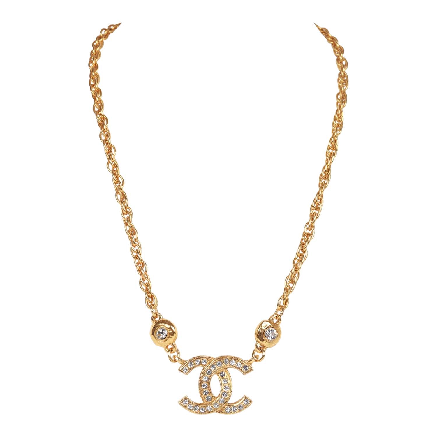 Chanel Vintage 24K Gold Plated Crystal Signature CC Logo Necklace