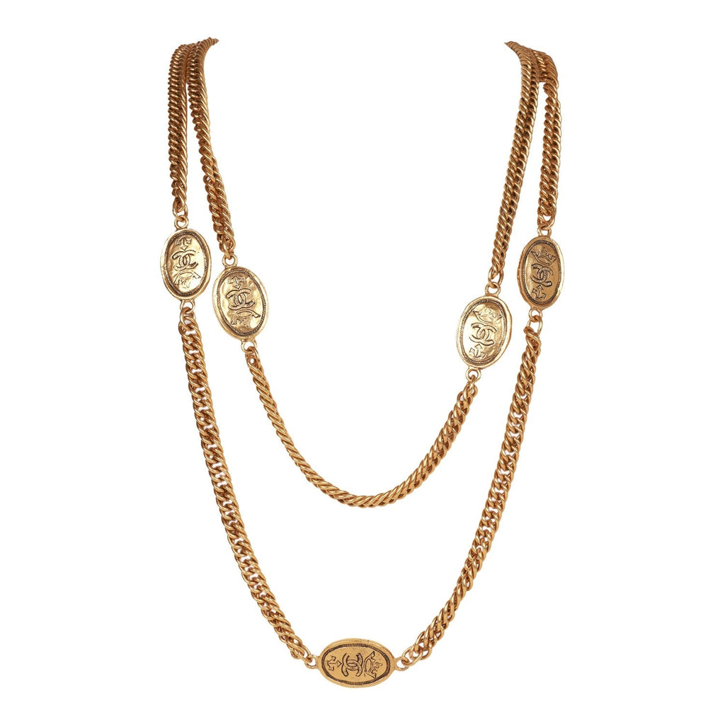 Chanel Vintage 24K Gold Plated CC Oval Coin Charm Sautoir Necklace