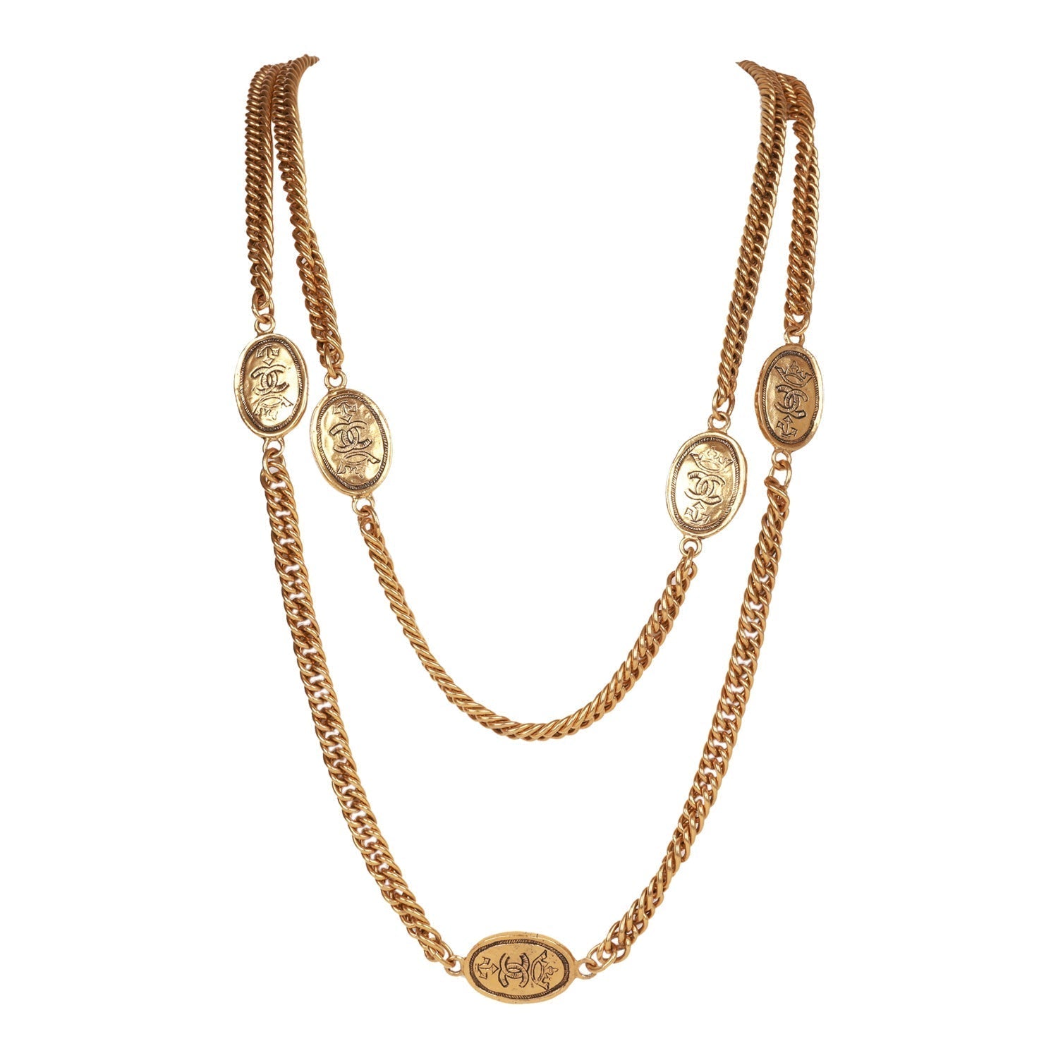 Chanel Vintage 24K Gold Plated CC Oval Coin Charm Sautoir Necklace